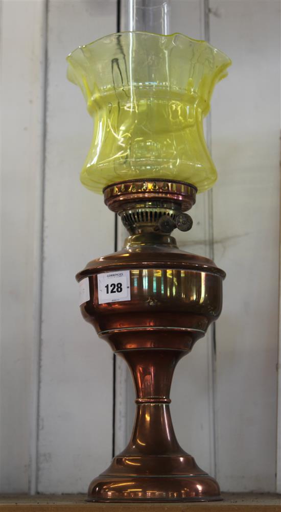 Copper oil lamp, yelllow glass shade(-)